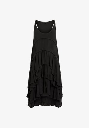 Robe noire sans manches avec un design en volants superposés, tissu texturé et encolure dégagée. L'ourlet est plus long à l'arrière.