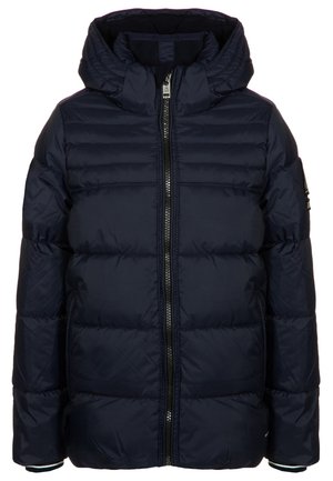 Veste d’hiver matelassée bleu marine avec capuche, fermeture éclair devant et manches longues, conçue pour la chaleur et la protection par temps froid.