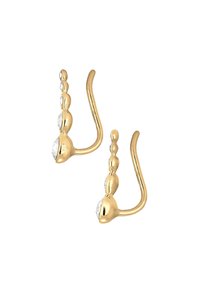 Orecchini dorati con design ad uncino curvo, adornati con brillanti gemme trasparenti e accenti sferici lungo tutta la lunghezza.