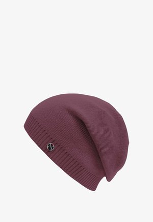 Maroon beanie hat made of soft knit material, featuring a ribbed cuff and a small round logo accent. The design is slouchy and streamlined.