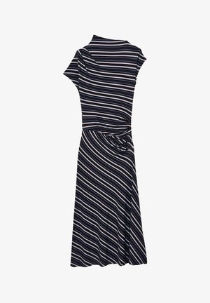 Gestreiftes Kleid mit kurzen Ärmeln, das in vertikalen Streifen in Marineblau, Weiß und Hellrosa gestaltet ist, mit einem drapierten Oberteil und einem geknoteten Taillendetail.