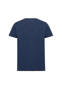 Mörkblå bomull t-shirt med korta ärmar, rund halsringning och ett enfärgat mönster, utan synliga mönster eller grafik.