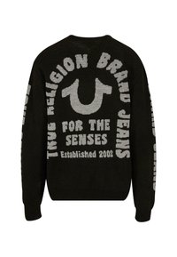 Black sweater with grey text and graphics, including a large logo and brand name; features a crew neck and long sleeves.