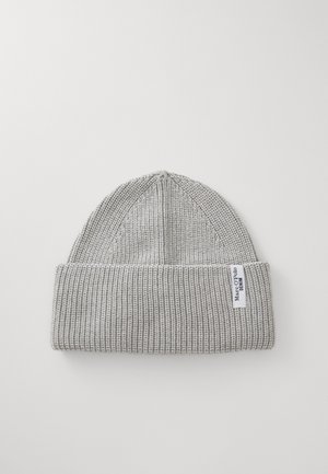 Light gray knitted beanie with a folded cuff and a small white label reading "Marc O'Polo DENIM" on a plain white background.