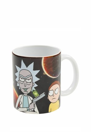 Keramiktasse mit den animierten Figuren Rick und Morty vor einem Weltraumhintergrund mit Planeten.