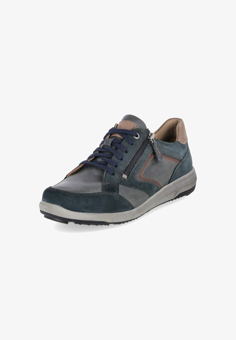 Baskets décontractées en cuir bleu foncé et gris avec des accents marron, lacets bleu marine, fermeture éclair latérale et semelle en caoutchouc blanche.