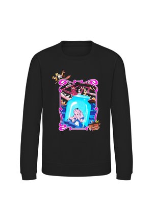 Sort sweatshirt med et farverigt Alice i Eventyrlandet-design, der viser Alice fanget under et glasburk med animerede figurer omkring hende.