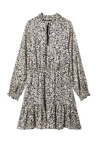 Vestido floral negro y crema con cuello alto, mangas largas y puños elásticos. Cuenta con una cintura elástica y un dobladillo con volantes en capas.