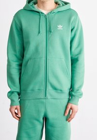 Man som bär en grön Adidas-hoodie och matchande svettbyxor, stående mot en helt vit bakgrund med händerna avslappnat vid sidorna.