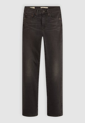 Sorte denimjeans med rett snitt, fem lommer og kobberfarget detaljering. Stoffet har en subtil tekstur og lett falming.