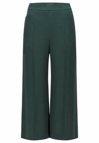 Vidbenade byxor i mörkgrön tyg med en slät textur. Har hög midja och framveck för en skräddarsydd look.