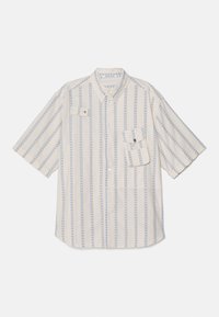Short-sleeve button-up shirt in light beige with vertical blue stripes. Features two chest pockets and a classic collar; cotton fabric.