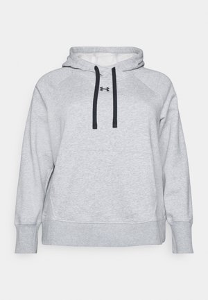 Grauer Hoodie aus weichem Stoff mit einer Kängurutasche, schwarzen Zugbändern und gerippten Bündchen. Verfügt über Raglanärmel und ein Logo auf der Brust.