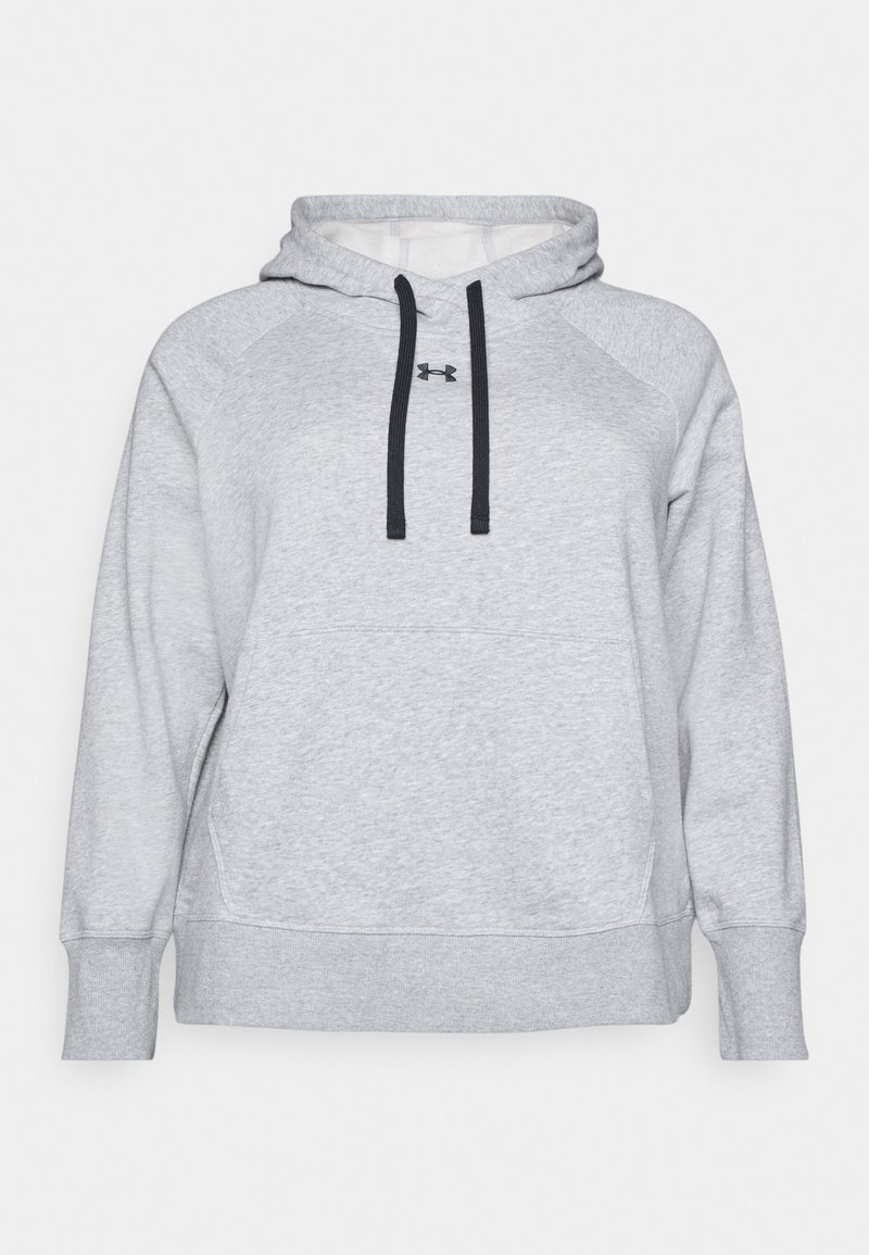 Gray hoodie made of soft fabric with a kangaroo pocket, black drawstrings, and ribbed cuffs. Features raglan sleeves and a logo on the chest.
