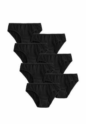 Sieben schwarze Baumwollslips mit elastischen Bunds, angeordnet in zwei versetzten Reihen auf weißem Hintergrund.