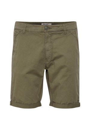 Short chino pour homme vert olive, avec passants de ceinture, bouton et braguette zippée sur le devant, poches latérales et revers aux jambes.