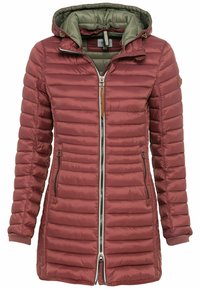 Burgundy puffer jacket featuring a hood, vertical quilted design, two zippered pockets, and contrasting green lining. Silver zipper and leather accents.