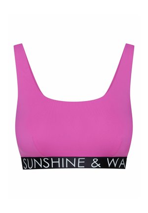 Różowy biustonosz braletka z szerokimi ramiączkami, gładką teksturą i jednolitą formą. Posiada czarny pas z napisem "SUNSHINE & WATER" w białym kolorze.