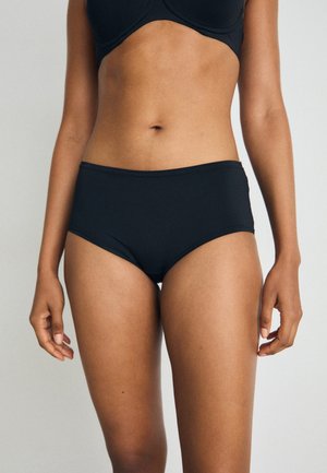 Svart høyt livet bikiniunderdeler laget av glatt, strikkbart stoff med et enkelt design uten synlige mønstre eller aksenter.