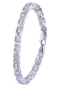 Silver chain bracelet featuring interlinked oval and elongated shapes, polished finish, and a secure clasp closure.
