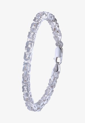 Silver chain bracelet featuring interlinked oval and elongated shapes, polished finish, and a secure clasp closure.