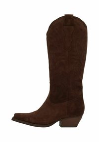 Bruine suède cowboylaarzen met een puntige neus, middelhoge schacht en decoratieve stikselpatronen. Beschikt over een gestapelde hak voor extra hoogte.