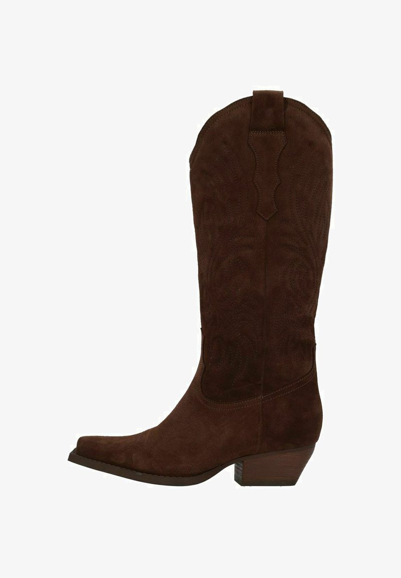 Bruine suède cowboylaarzen met een puntige neus, middelhoge schacht en decoratieve stikselpatronen. Beschikt over een gestapelde hak voor extra hoogte.