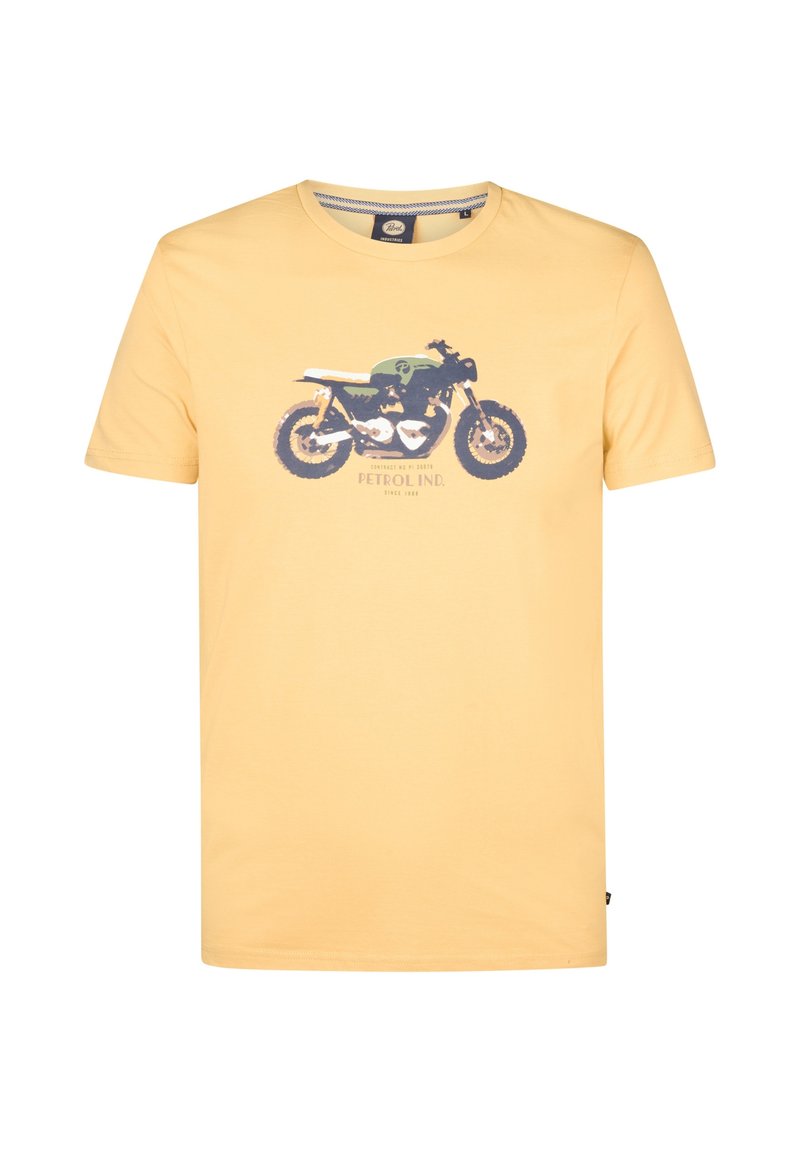 Camiseta de algodón amarilla con una ilustración gráfica de una motocicleta en tonos azules y verdes. Cuello redondo, mangas cortas, corte relajado.
