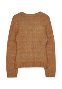 Sweater i rustfarve lavet af tekstureret strikmateriale, med rund halsudskæring, lange ærmer samt ribkant ved kant og ærmegab.