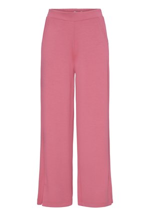 Pantalon rose à jambes larges avec une ceinture élastique et des poches latérales, présentant des fentes à l'ourlet inférieur.