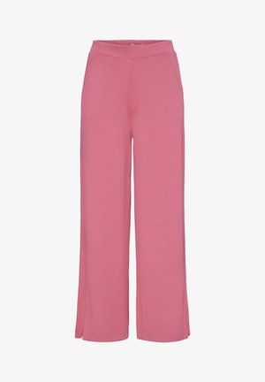 Pantalon rose à jambes larges avec une ceinture élastique et des poches latérales, présentant des fentes à l'ourlet inférieur.