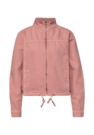 Veste rose à fermeture éclair avec col montant, poches avant, manches longues et cordons ajustables à l'ourlet sur fond blanc.