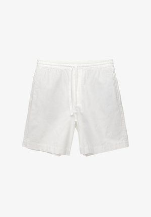 Weiße Baumwollshorts mit elastischem Bund und Kordelzug, Seitentaschen und geradem Schnitt mit sauberen Säumen.