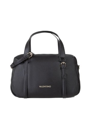 Borsa Valentino in pelle nera testurizzata con due manici, fibbia regolabile e logo dorato al centro sulla parte anteriore.