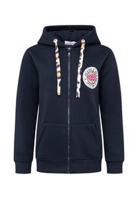 Marineblaue Zip-Hoodie aus weichem Stoff, mit Leopardenmuster-Kordeln, Fronttaschen und einem runden Aufnäher mit buntem Design.
