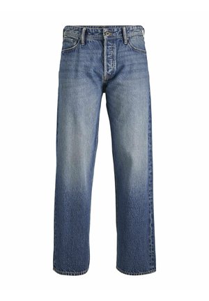 Blaue Denim-Jeans mit lockerer Passform, ausgestattet mit einem verwaschenen Look, Fünf-Taschen-Design, Gürtelschlaufen und einem Reißverschluss.