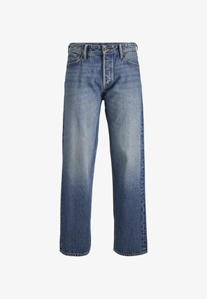 Blauwe denim jeans met een losse pasvorm, met een vervaagde was, vijf-pocket ontwerp, riemlussen en een ritsluiting.