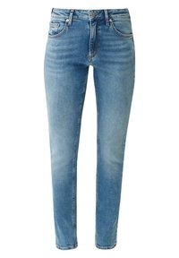 Jean denim bleu clair slim fit avec poches avant, passants de ceinture, fermeture par boutons et détails légèrement délavés.