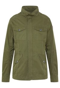 Veste vert olive en tissu texturé, dotée d'un col montant, de deux poches sur la poitrine et de deux poches latérales avec fermetures à pression.