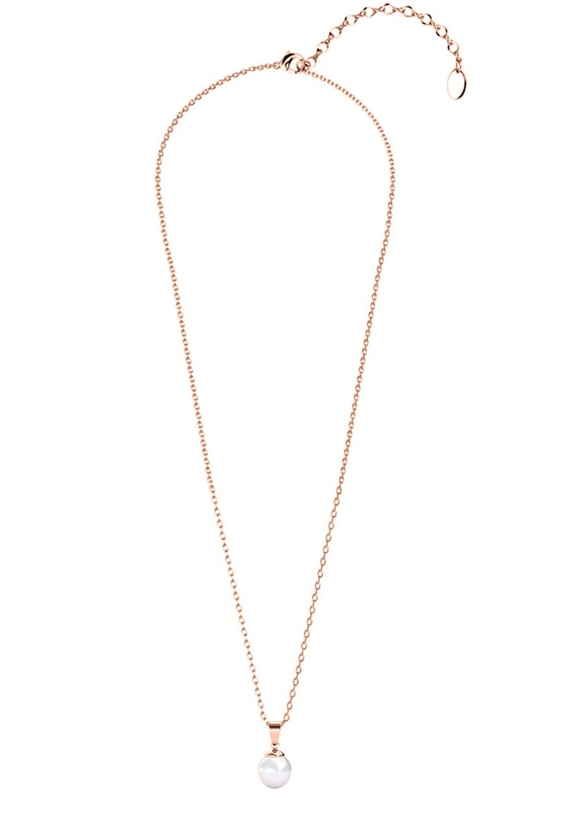 Halskette aus Roségold mit einer zarten Kette und einem kugelförmigen weißen Perlenanhänger; verfügt über einen einstellbaren Verschluss zur Längenanpassung.