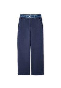 Marineblauwe wijde broek gemaakt van zachte stof met een licht elastische denim tailleband, voorzien van zijzakken en een knoopsluiting.