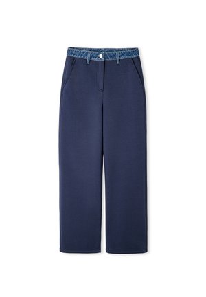 Marineblauwe wijde broek gemaakt van zachte stof met een licht elastische denim tailleband, voorzien van zijzakken en een knoopsluiting.