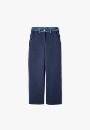 Navy wide-leg pants made of soft fabric with a slightly elasticated denim waistband, featuring front pockets and a button closure.
