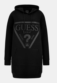 Černé šaty s kapucí vyrobené z bavlněné směsi. Disponují velkým šedým trojúhelníkovým logem, přední kapsou a stahovací kapucí. Volný střih.