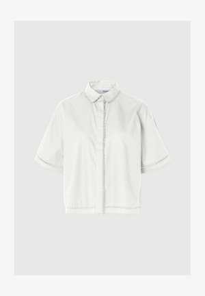 Lichtgrijs korte mouwen overhemd met kraag en decoratieve afwerking langs de knopenlijst en manchetten, gemaakt van een soepele stof, casual pasvorm.