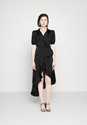RUFFLE WRAP MIDI DRESS WITH TIE BELT PUFF SLEEVES - Cocktail dress / Party dress - black