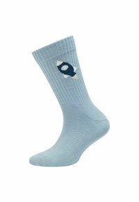 Calza a coste azzurro chiaro con un piccolo design di razzo blu scuro e bianco vicino al bordo superiore.