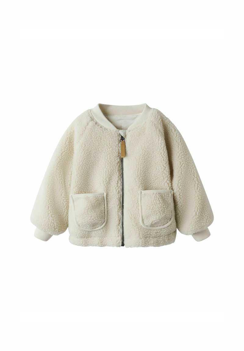 Fleecová bunda v off-white farbe so zipsom vpredu, rebrovanými manžetami a dvoma prednými vreckami. Mäkkučká textúra s mierne nadmernou veľkosťou.