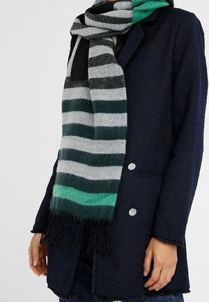 Personne portant un manteau croisé bleu marine et une épaisse écharpe rayée en noir, gris, blanc, vert et sarcelle avec des extrémités à franges.