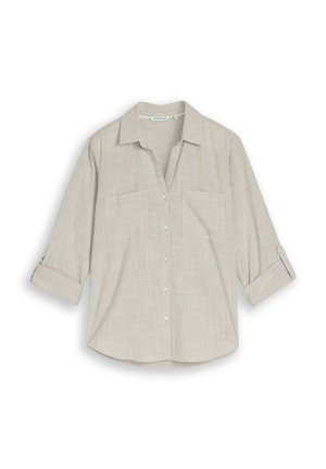 Beige Hemd mit Knöpfen und aufgekrempelten Ärmeln, zwei Brusttaschen vorne, mit feinem Karomuster.